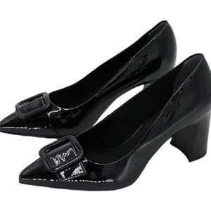 🔥NEW! Black Patent Pointed-Toe Block Heel Pumps with Buckle